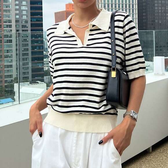 Black and White Casual Women's Striped Pattern Knit Top - Picture 4 of 8